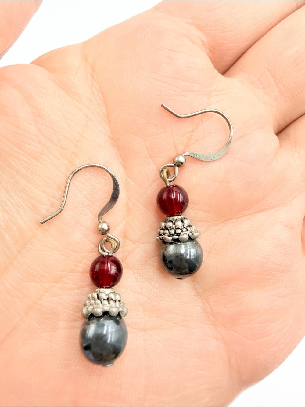 Vintage Red & Black Beaded Dangle Earrings Silver Tone Drop Boho